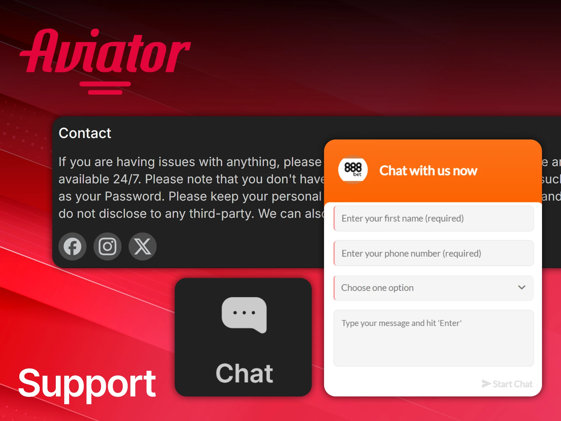 Contact support at 888bets for Malawian players if you have problems with Aviator.