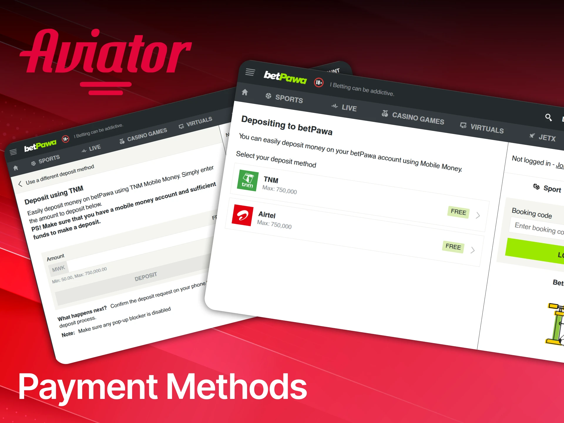 Review all accepted payment methods on Betpawa Aviator for players.