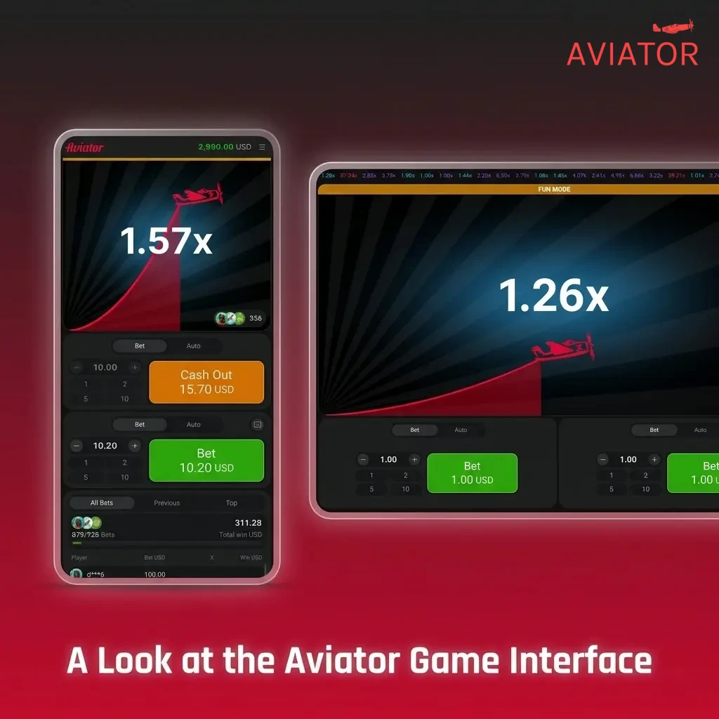 Aviator game interface showing rising plane, live multiplier, bet panels, and player feed on desktop and mobile