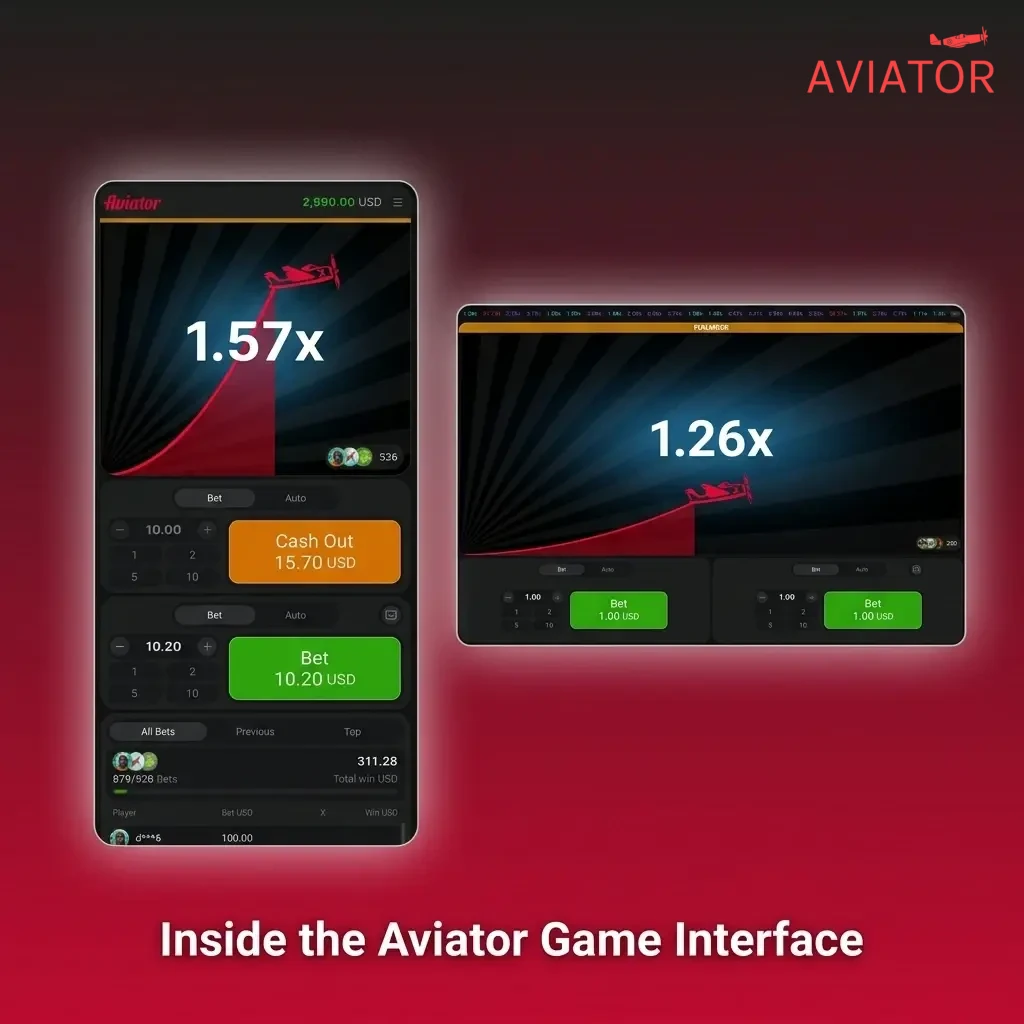 Aviator game interface showing animated plane, multiplier display, bet panel, live feed, and chat window on desktop and mobile