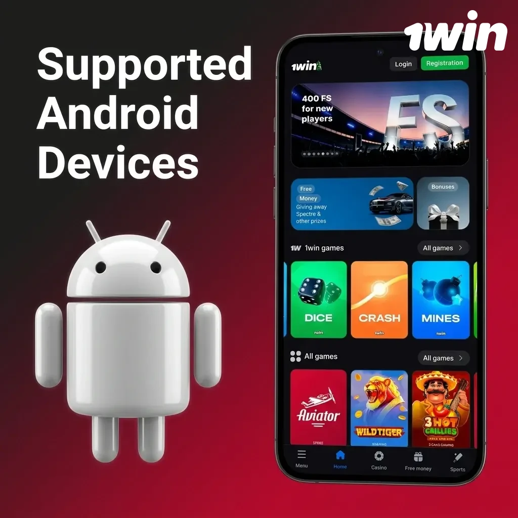 List of supported Android devices for 1win Aviator app including budget, mid-range, and flagship phones from 2020 to 2025