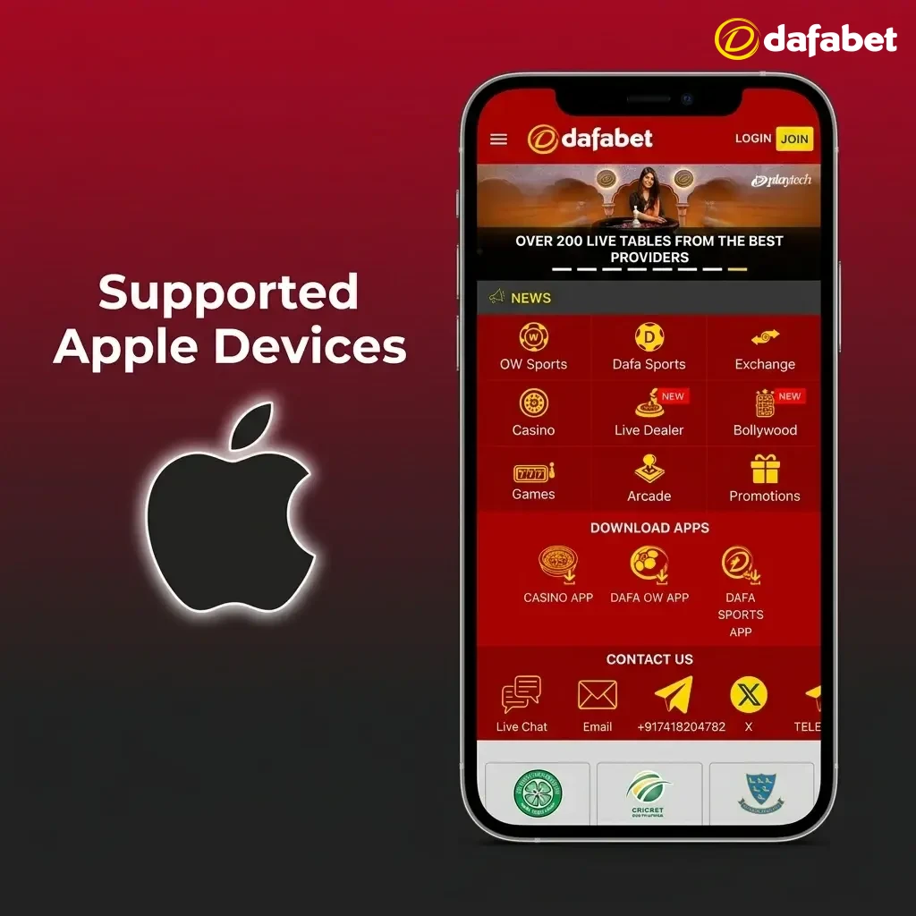 Apple devices supported by Dafabet mobile app including iPhone SE, iPhone 12 to 15 series, and iPad Air running iOS 12 or later