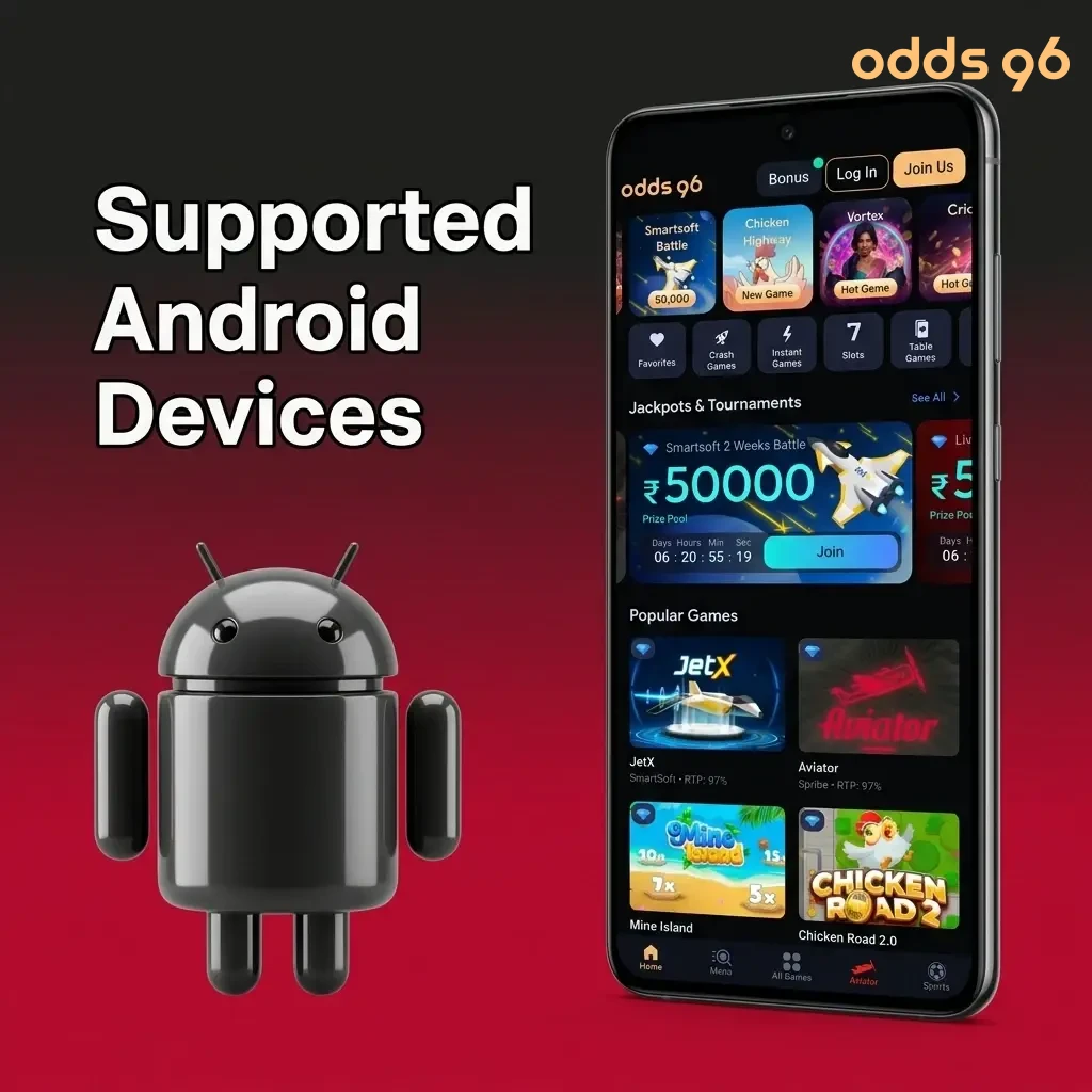 Odds96 app supported Android devices in India including Samsung, Redmi, Realme, Poco, Vivo, OnePlus, and Google Pixel