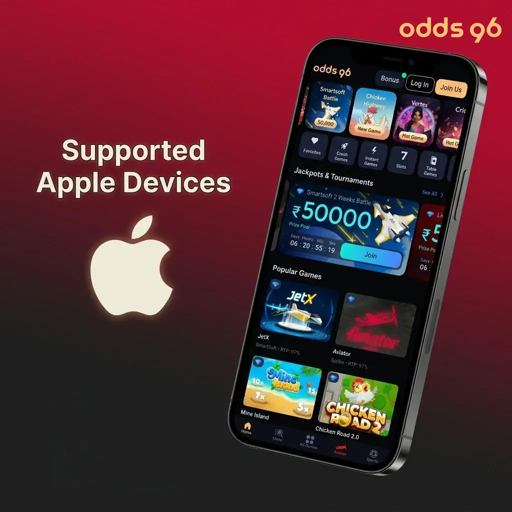 Supported Apple devices for Aviator on Odds96 including iPhone SE, 12, 13, 14, 15, 16 Pro and iPad models running iOS 12+